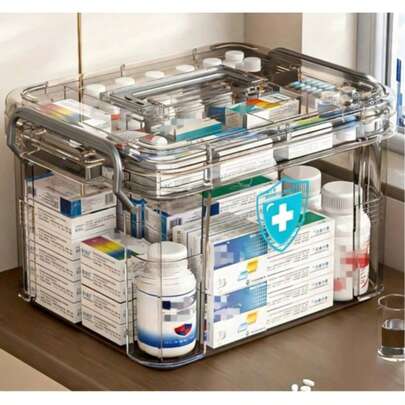 1 pieza Caja de almacenamiento médico de gran capacidad, con asa resistente y tapa segura - Caja de almacenamiento de plástico transparente de varias capas, adecuada para el hogar y la oficina, diseño en gris claro, gabinete de medicinas transparente con múltiples compartimentos, con asa, caja de primeros auxilios portátil, pequeña caja de medicinas, adecuada para el hogar y los viajes, almacenamiento eficiente de medicamentos y herramientas médicas, diseño transparente para un acceso rápido, fácil de ver y organizar, caja de almacenamiento de medicamentos, gestión de medicamentos, diseño de varias capas, estructura de alta calidad, Eid Al-Fitr