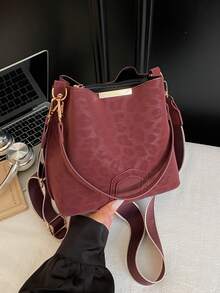Nova Bolsa Balde Estampada de Leopardo PU Versátil, Elegante e Casual, Estilo de Nicho da Moda, Alça Larga Retrô Clássica de Alta Qualidade, Bolsa de Ombro Transversal Adequada para Trabalho, Encontros, Compras e Uso Diário - Vinho - Visão 8