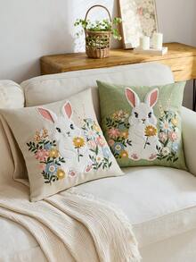 1 chiếc vỏ gối thêu hình thỏ Phục Sinh màu be và hoa dại nhỏ, vỏ gối hoa mùa xuân, thích hợp trang trí trong nhà, vỏ gối trang trí mùa xuân/hè, không bao gồm ruột gối. - Màu be - Xem 7