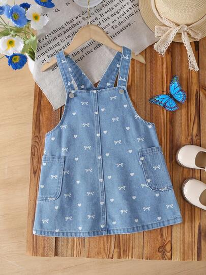 1pc Toddler Girls' Outdoor Casual Sweet & Cute Fashion Korean Style Versatile Comfortable Bow Decor Dual Pocket Design Retro Blue Denim Pinafore Dress
