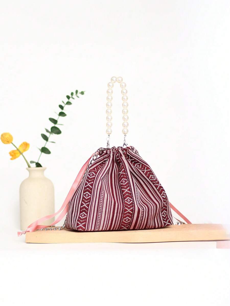Classic Fashion Striped Pearl Drawstring Pouch, Simple Casual Pleated Metal Chain Crossbody Mini Cute Cloud Handbag - Multicolor - View 1