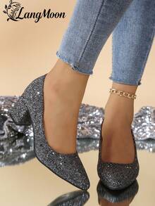 LangMoon 2026 New Arrival Black Glitter Thick Heel High Heels - Comfortable Versatile Sexy Design, Shiny Sequin Lights Ins Style European & American Sexy , Suitable For Parties, Gatherings, Nights Out And Casual Chic Outfits, Premium Soft Insole Non-Cramping, Women's High Heels, Suitable For Wedding Season And Various Holidays - Black - View 6