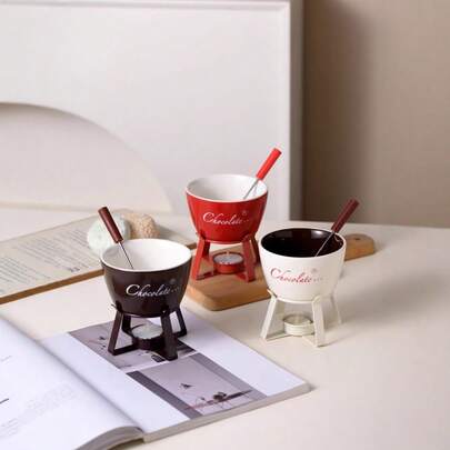 1 Set Ceramic Chocolate Fondue Pot With Forks - Melting Cup For Melting Chocolate, Cheese Dip And Candy Heating - Dessert Party Set, Ideal For Date Night, Wedding, Birthday Party And Valentine's Day Gift - Easy To Clean