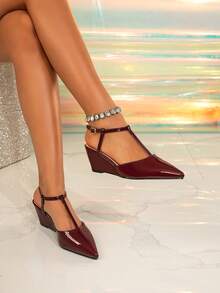 女士坡跟凉鞋，性感绑带高跟鞋 - 酒紅色 - 查看 4