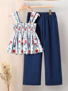 Left Mama Girls Striped Sleeveless Top And Straight Leg Pants Set, Sweet Beach Vacation Outfit, Summer - Navy Blue - View 2