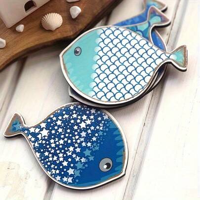 4pcs Wooden Fish Shaped Coasters - Bright Blue And White Star With Hexagon Pattern, 3.54x5.28 Inches, Hand Wash Only - Home, Office, Bar Decor And Holiday Gift For Coffee And Tea Lovers, Creative Design Coasters, Hand Wash Only