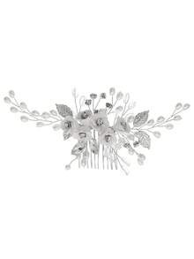 1pc Bridal Wedding Hair Accessories, Floral Pearl & Crystal Hair Comb Clip For Bridesmaid Prom Party - Silver - View 8