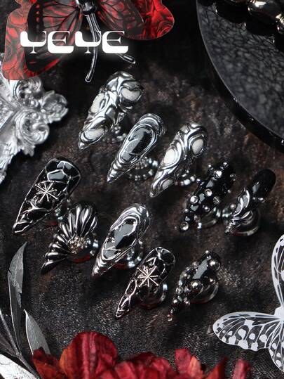 10pcs Gothic Style 3D Acrylic Nail Stickers, Black, Chrome, White Glitter, Rhinestone, Beads, Flowers, Punk Metal Chrome Black Nail Decals, Suitable For Daily, Party, Music Festival, Wedding Nails, Includes 1 Mini Nail File And 1 Adhesive Sticker Sheet, Elegant Gift