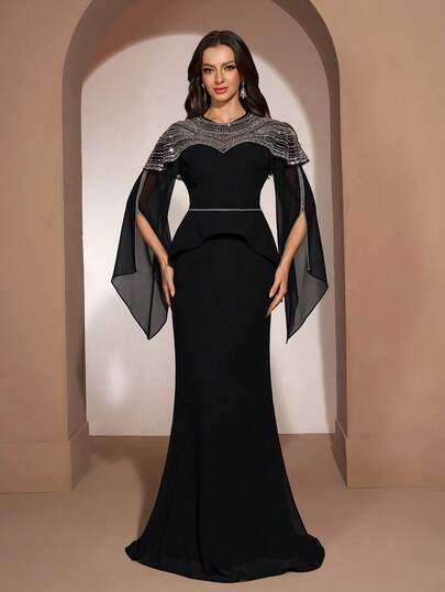 YISIKADO Sequin Chiffon Evening Gown, High Neck With Slit Sleeves, Elegant And Formal, Suitable For Wedding Guests, Birthday Parties, Balls, Banquets, Graduation Ceremonies, Celebrations, And Other Formal Occasions, Also Can Be Worn As Banquet Attire. Spring