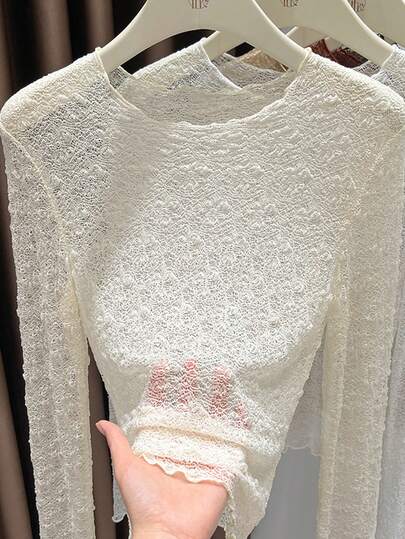 Solid Color Beach Mesh Undershirt, Women's 2025 Autumn Long Sleeve Lace Overlay Sheer Top, Elegant