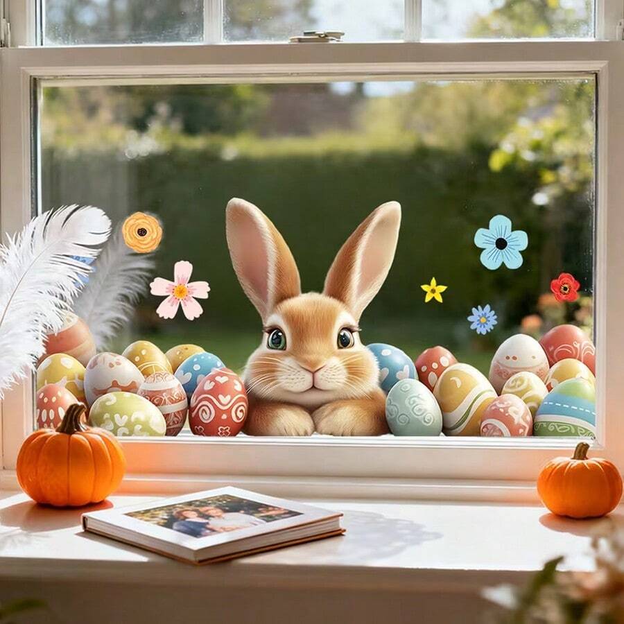1pc Cute Rabbit, Egg, Flower Pattern Window Sticker, DIY Removable Static Cling Decal, Suitable For Spring Bedroom, Living Room, Balcony And Cabinet Window Decoration - Multicolor - View 1