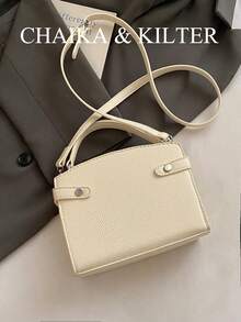 新款夏季荔枝纹女士手提包，时尚可调节肩带斜挎包，简约纯色高端金属装饰单肩通勤包 - 白色 - 查看 8