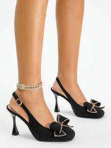 Women's High Heel Round Toe Fashion Rhinestone Bow Tie Black Backstrap Open Heel Pumps - Black - View 7