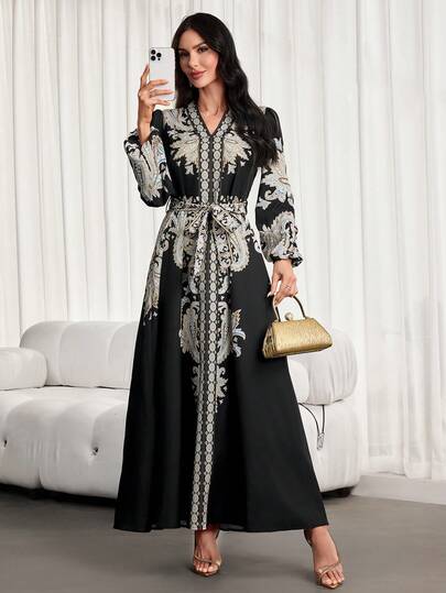 女士优雅浪漫复古印花长款衬衫裙 - 修身V领，收腰设计，是春夏度假和日常穿着的理想之选