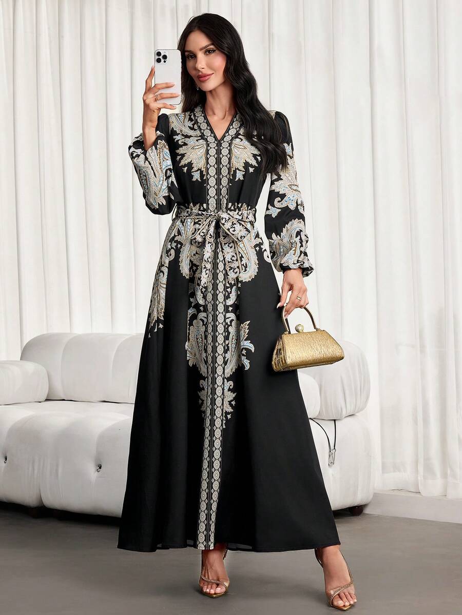 女士优雅浪漫复古印花长款衬衫裙 - 修身V领，收腰设计，是春夏度假和日常穿着的理想之选