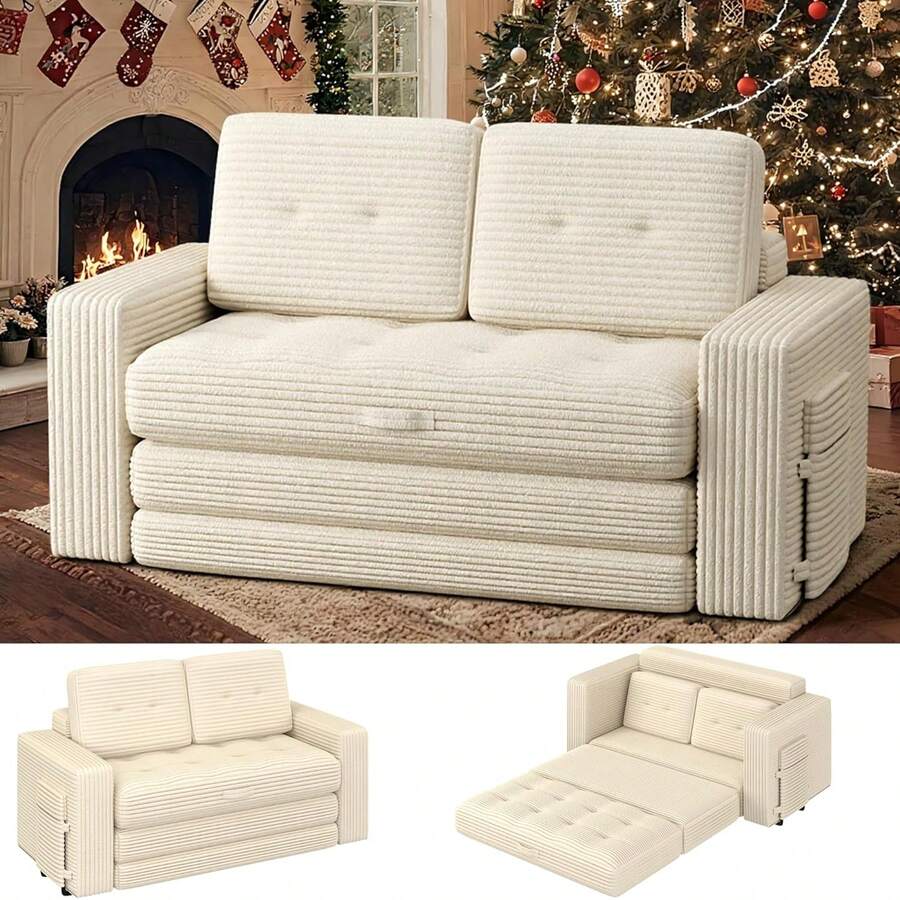 2 In 1 Convertible Sofa Bed, Pull Out Loveseat Boneless Couch, Sleeper Sofabed, Folding Couch Bed With Pillow For Living Room Bedroom, Beige - 米色 - 查看 1