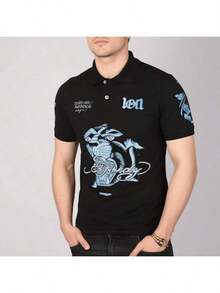 LOF1 Black Polo Shirt With Various Prints: Style And Personality In The Spotlight Loose Summer No Polo Collar - Black/Panther - Xem 7