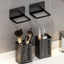 Bathroom Toothbrush Toothpaste Comb Storage Rack, Wall-Mounted Vanity Shaver Holder, No Drilling Required - Black - View 1