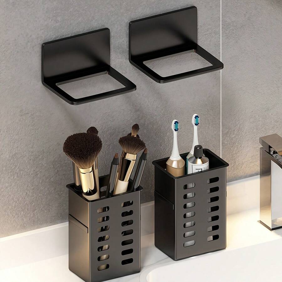 Bathroom Toothbrush Toothpaste Comb Storage Rack, Wall-Mounted Vanity Shaver Holder, No Drilling Required - Black - View 1