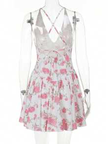 1pc Deep V-Neck Printed Spaghetti Strap Summer Dress With Zipper - Pink - View 3