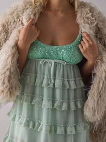 Women's Sequin-Paneled Spaghetti Strap Dress Ruffle Sleeveless Mini Lace-Up Dress Valentine's Day Spring Summer Cute Dresses - 淺藍色 - 查看 4