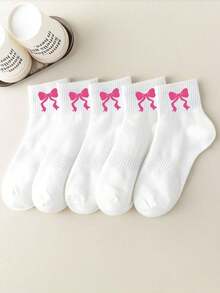 5双白色儿童中筒袜，儿童运动袜，白色袜子配粉色蝴蝶结，适合女孩日常穿着/搭配，新学期跑步袜，透气、舒适、柔软，适合1-16岁儿童 - 彩色 - 查看 1