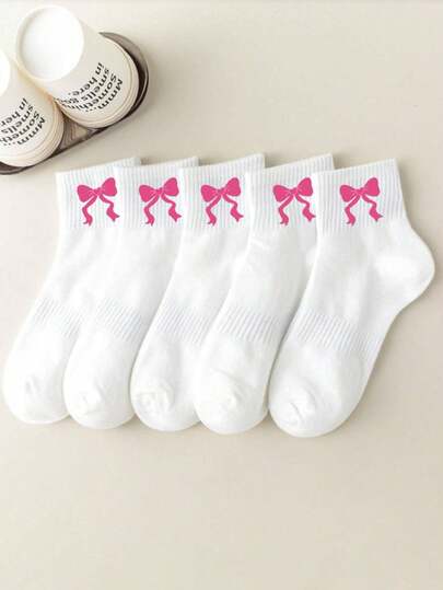 5 par vita barnstrumpor till mitten av vaden, sportstrumpor för barn, vita strumpor med rosa rosett, lämpliga för flickors vardagskläder/matchande, löparstrumpor inför nyårsterminen, andningsbara, bekväma, mjuka, passar barn i åldrarna 1-16