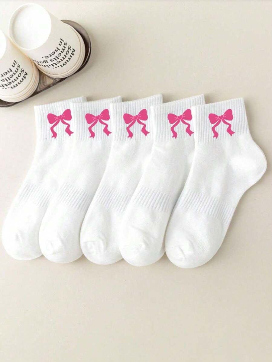 5双白色儿童中筒袜，儿童运动袜，白色袜子配粉色蝴蝶结，适合女孩日常穿着/搭配，新学期跑步袜，透气、舒适、柔软，适合1-16岁儿童 - 彩色 - 查看 1