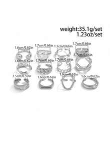 12 pièces/set Ensemble d'anneaux style punk, bagues design géométrique vintage pour femmes, bijoux personnalisés , convient pour le port quotidien et les fêtes - Argent - Voir 3