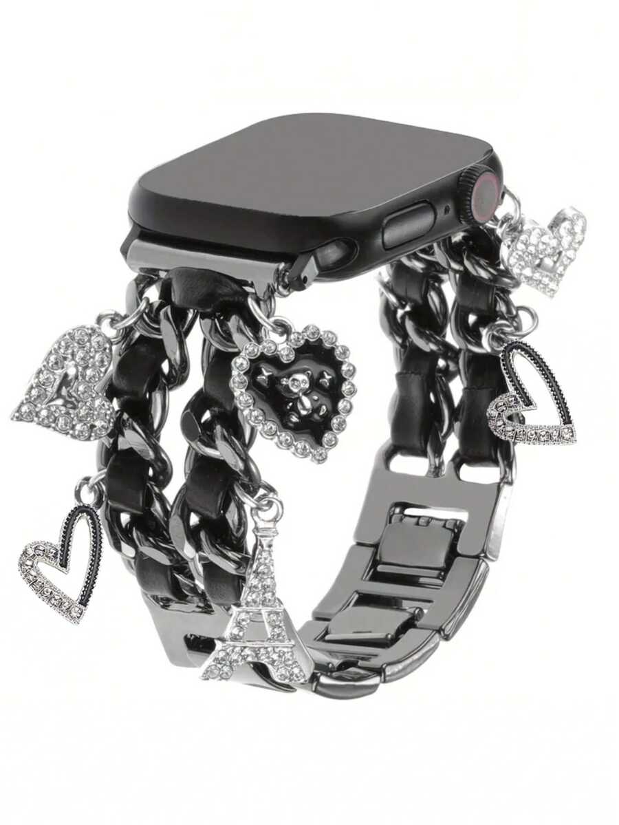 MAPUCE 1条时尚金属双链心形熊图案表带，兼容 38/40/41/42/44/45/46/49mm，适用于 Ultra/SE/11/10/9/8/7/6/5/4/3/2/1系列，长度可调节，操作简单，饰有心形、熊形和埃菲尔铁塔设计元素，时尚中性配饰表带（仅含表带，不含手表和表壳）。