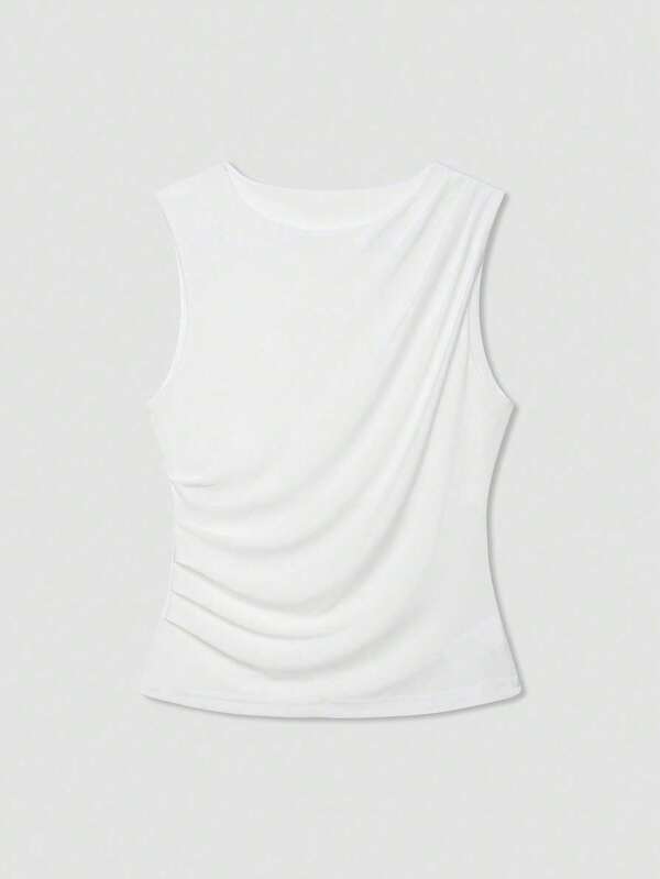 Women's Solid Color Round Neck Casual Loose Pleated Tank Top White Summer