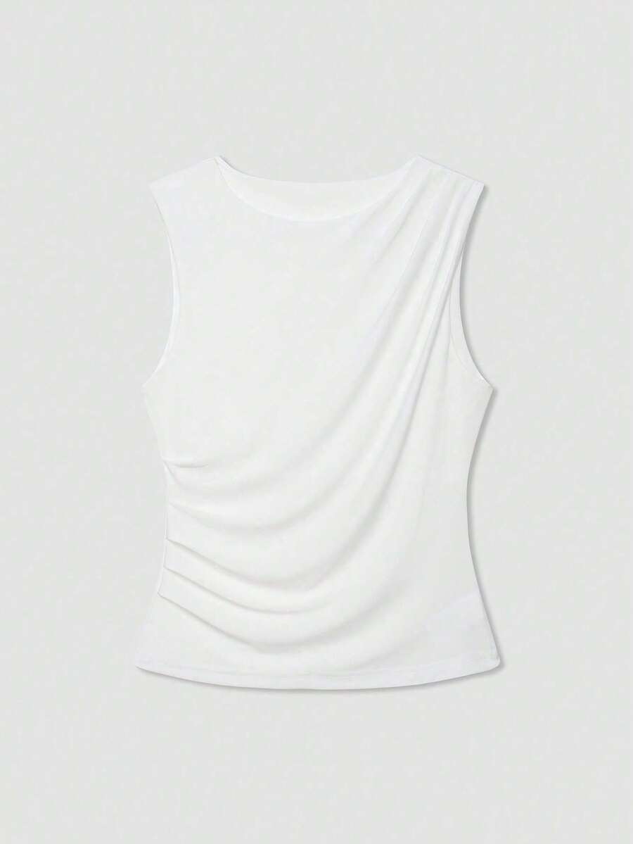 Áo tank top nữ màu trơn cổ tròn, dáng rộng, xếp ly, màu trắng, thích hợp cho mùa hè. - trắng - Xem 1