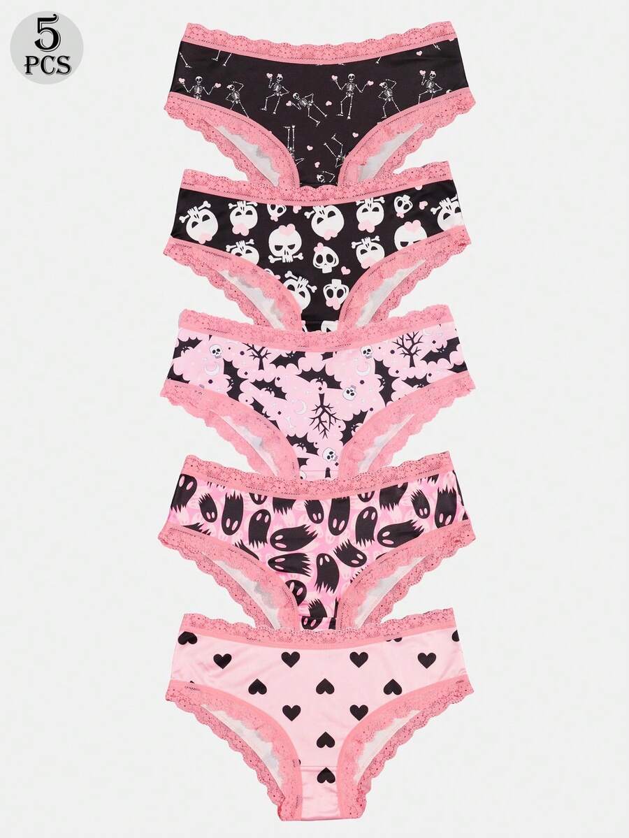 Dircho 5pcs Women's Sexy Cute Gothic Contrast Lace Bikini Panties - Allover Skull & Moon Print Silky Soft Comfy Intimates Underwear, Stretch Breathable Elastic Waist Lightweight Daily Lingerie Set - Multicolor - View 1