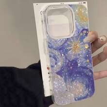 Creative Blue-Purple Starry Sky Pattern Phone Case Compatible With IPhone 11 12 13 14 15 16 17 Pro Max 7 8 Plus X XS Max XR 16e, Golden Star Pattern Shockproof Protective Cover - Multicolor - View 2