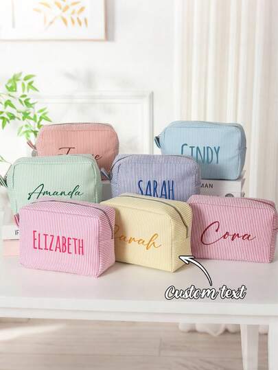 Customized Makeup Bag, Customized Text, Bridesmaid Makeup Bag, Souvenir Gift, Striped Bag, Travel Organizer Bag, Cosmetic Bag, Valentine's Day Gift, For Her, For Girlfriend, Convenient & Practical, Customized Makeup Bag