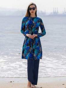 Bộ đồ bơi hai mảnh kiểu Trung Đông gồm tay dài và quần dài, kín đáo dành cho nữ, thích hợp đi biển mùa hè. - Màu xanh lam - Xem 5