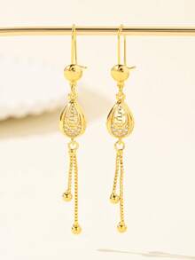 2件套24K镀金水滴流苏链耳环，防锈镀金耳环，黄金替代品，非常适合情人节、特殊场合和日常佩戴 - 金黃色 - 查看 3