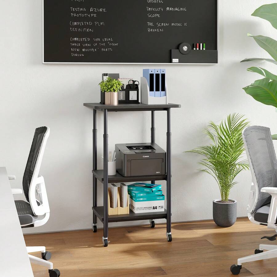 COSTWAY Height Adjustable Printer Stand, 3-Tier Printer Cart With Storage Shelves & Locking Wheels, Rolling Storage Rack, Heavy-Duty Mobile Machine Stand For 3D Printer Scanner Fax Machine, Brown/Black/White - Negro - Ver 1