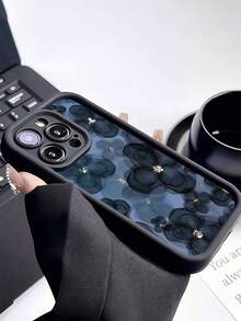 1pc Black Tie Dye Navy Floral Minimalist Full Coverage TPU Shockproof Phone Case Compatible With Apple 17, 16, 15, 14, 13, 12, 11 Pro Max, Air, And Series - Multicolor - View 4