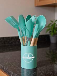 12pcs Wooden Handle Silicone Kitchenware Set, With Holder, Non-Stick Cooking Spatula, Scraper & Stirring Spoon Set, Kitchen Utensils Set With Wooden Handle For Nonstick Cookware, Cooking Utensils Set, Ladle, Spoon, Spatula, Tong, Heat-Resistant & Non-Scratch, Non Smell & Healthy, For Cooking & Baking & Frying & Stirring - MultiWarna - View 3
