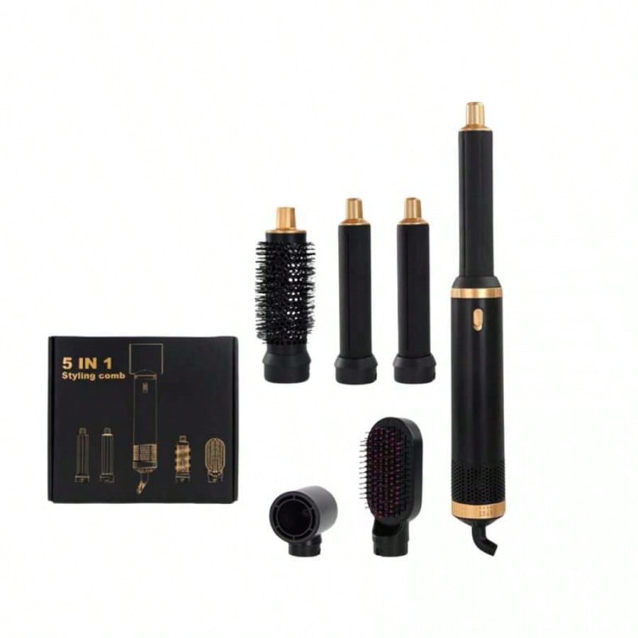 Herramienta de Peinado Multifunción 5 en 1 - Set de Estilismo Capilar para Rizado, Liso y Volumen (Color Negro y Dorado)