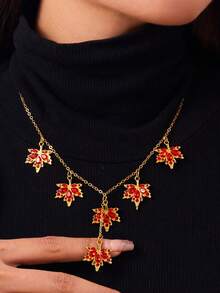 1pc Red Maple Leaf Pendant Gold Necklace Jewelry, Elegant Style, Suitable For Autumn Gatherings, Dates, And Daily Wear (OPP Bag Packaging) - Yellow Gold - View 3