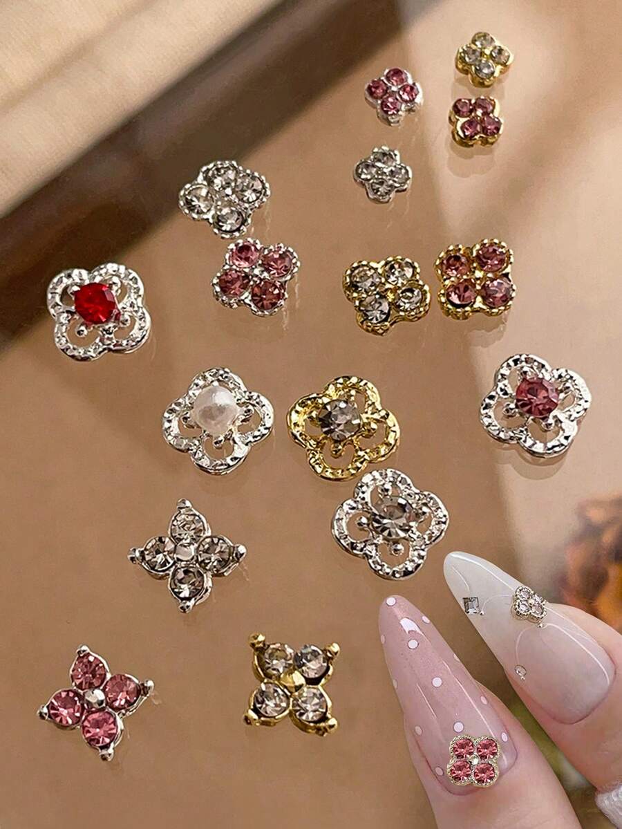 10件組迷你、中型與大型美甲裝飾品,四葉草造型美甲飾品,鑲嵌水鑽、仿珍珠,金銀色,奢華Y2K金屬美甲配件,白色、粉色與紅色水鑽可選,適用於各種DIY美甲裝飾,美甲用品美甲飾件 - 彩色 - 查看 1