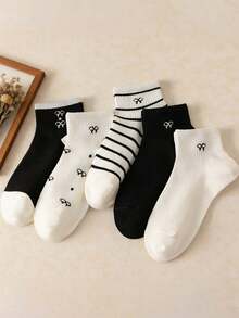 1/5 Pairs Women Cute Breathable Striped Bow Polka Dot Pattern Ankle Socks, Moisture-Wicking, Suitable For Casual Daily Wear, Spring/Summer - Multicolor - View 4