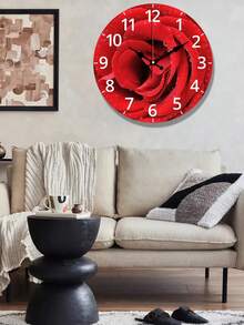 1pc Rustic Style Wall Clock With Red Rose Pattern - Silent Non-Ticking Wooden Clock, Suitable For Living Room, Bedroom, Office - Battery Powered - Decorative Round Clock Set, 1 Piece (Batteries Not Included) - Multicolor - View 6