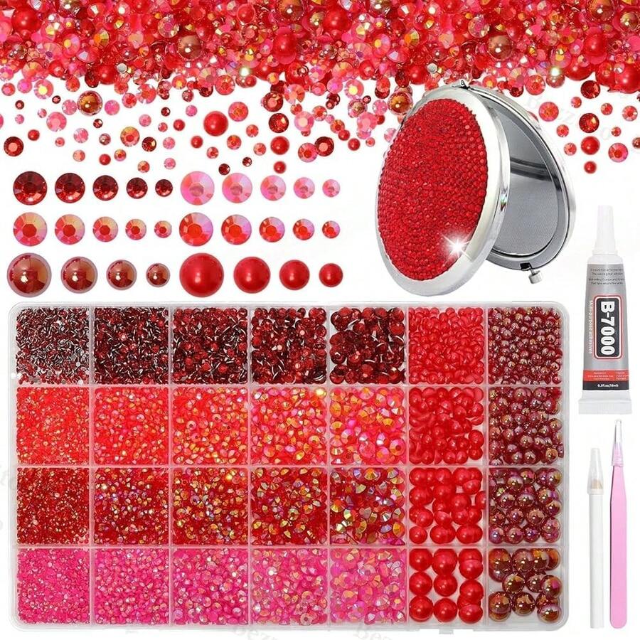 14000Pcs Red Flatback Rhinestones And Pearls For Bedazzling Kit, 2-6mm Resin Gems Bedazzling Rhinestone, 4-10mm Flatback Pearls Gems Rhinestones For Crafting DIY Face Makeup - S16 - View 1