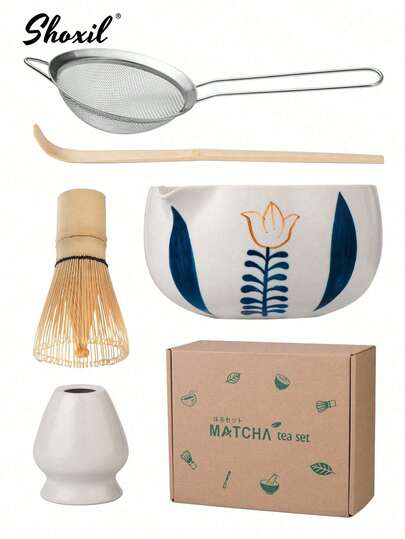 shoxil 1/5pcs Matcha Traditional Starter Set, Includes Matcha Bowl (With Pouring Spout), Bamboo Matcha Whisk, Tea Scoop, Whisk Holder, Matcha Sifter, Gift Box