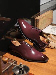 男士亮面尖头商务休闲鞋，百搭舒适，英伦风 - 酒紅色 - 查看 2