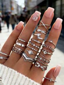 “22件套女士金色叠戴戒指套装 - 多款心形链条纹理时尚手指饰品，适合日常佩戴” - 幾何22件 - 查看 6