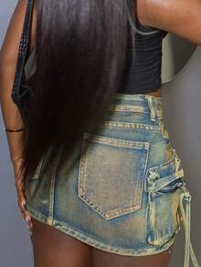 青春活力、大胆个性的休闲牛仔紧身迷你裙 - 彩色 - 查看 3